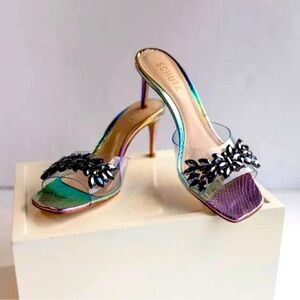 Schutz Shary Low Sandals Size 8.5 Metallic Rainbow Light Lizard low heels🌈